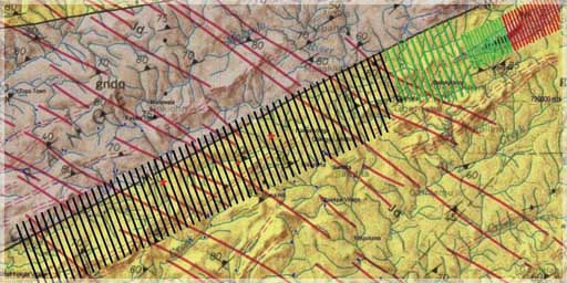 35 km long soil grid over projected mineralized zone / black lines cut, green lines sampled, red lines have received lab results back /  Kanyala